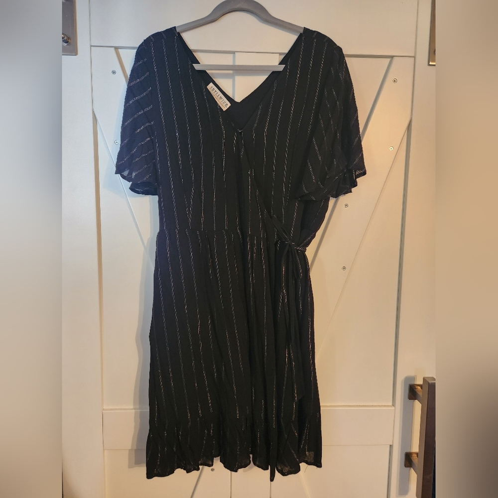 Black wrap dress with gold stripes